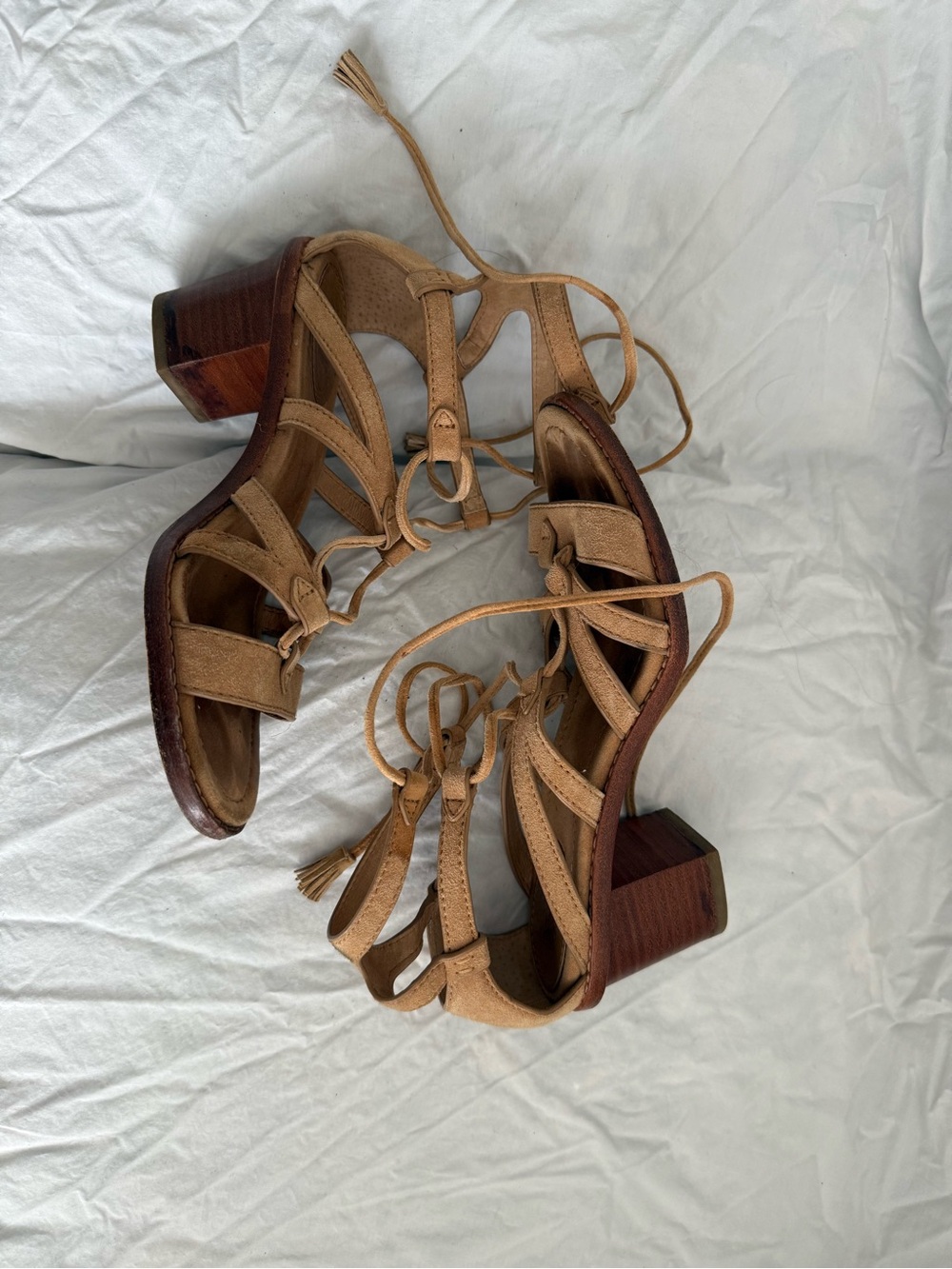 Frye Tan Suede Lace-Up Block Heel Sandals